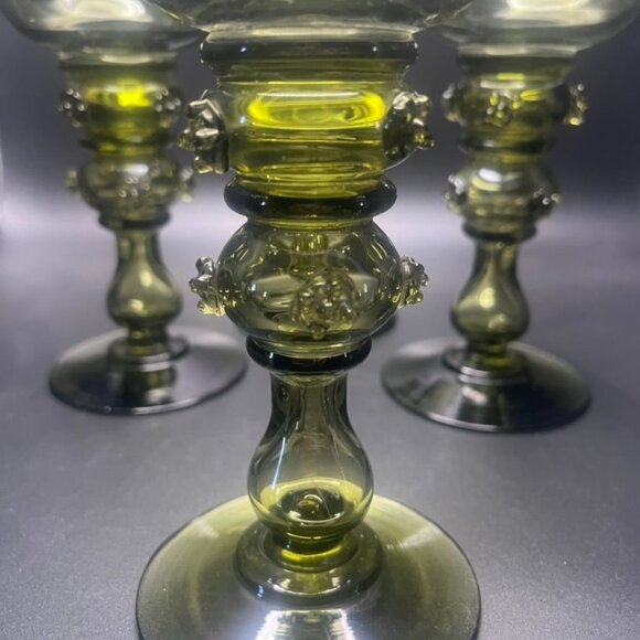 Antique Roemer Hock Hand Blown Wine Glasses Olive Green Set Of 4  Prunts Germany - Picture 6 of 10